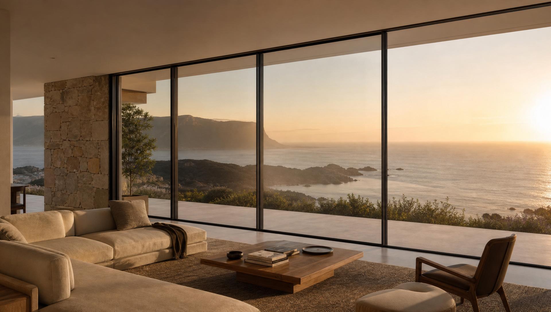 Floor-to-ceiling aluminium sliding windows with panoramic coastal view