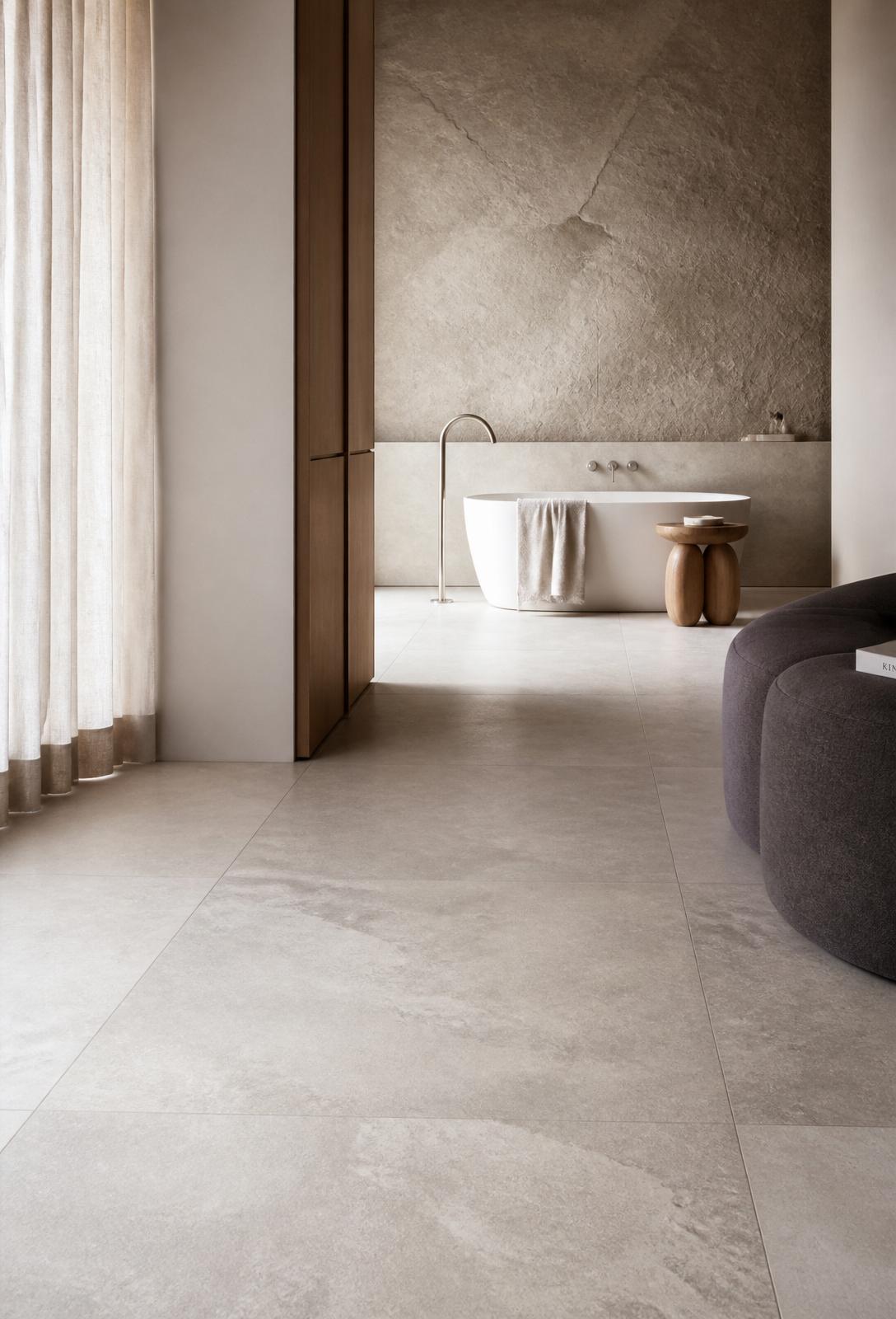 Large format stone-look tiles in a minimalist Australian bathroom